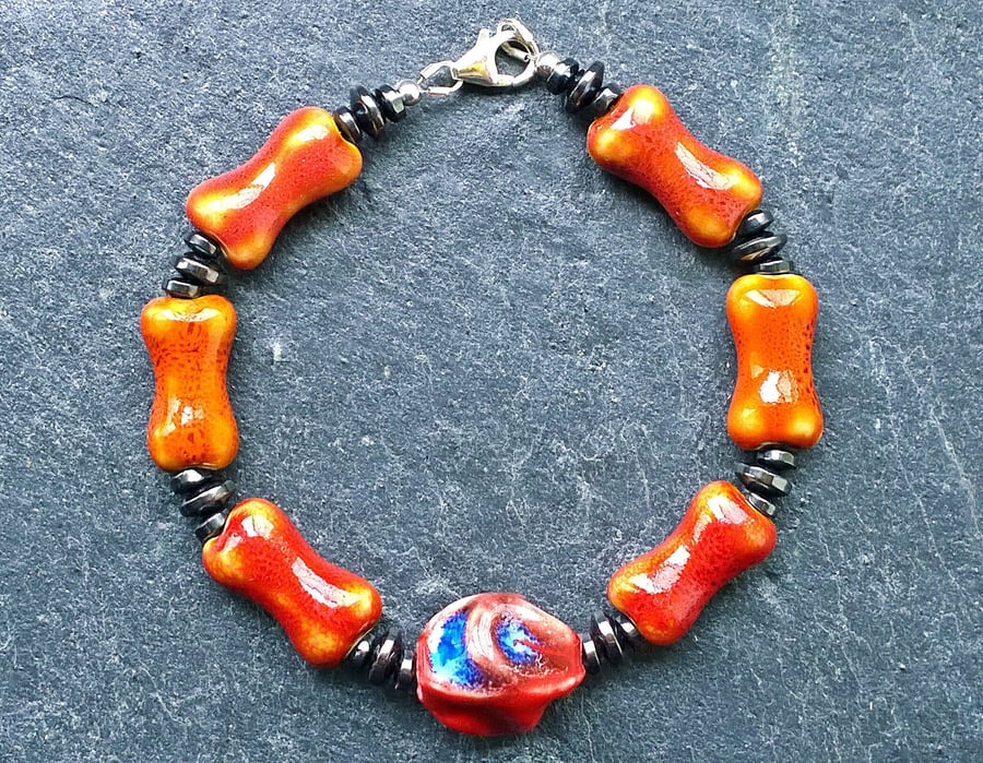 Halloween Fiery Bone and Abstract Shaped Ceramic Beaded Bracelet with Haematite