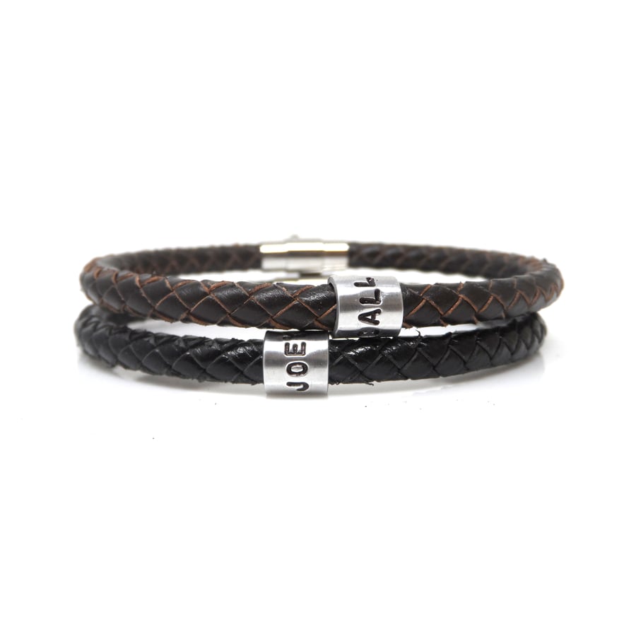 Personalised Leather Bracelet with One Hand Stamped Ring - Free Delivery