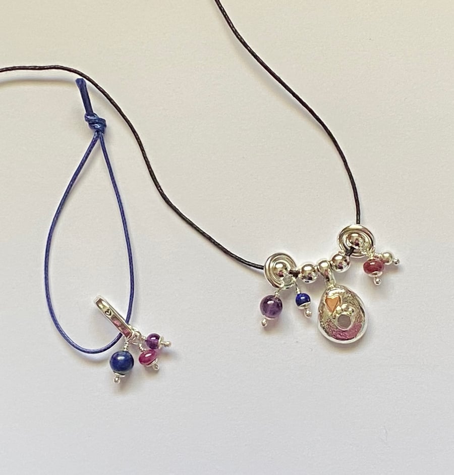 Sterling Silver and Gemstone Necklace on Adjustable Waxed Cord