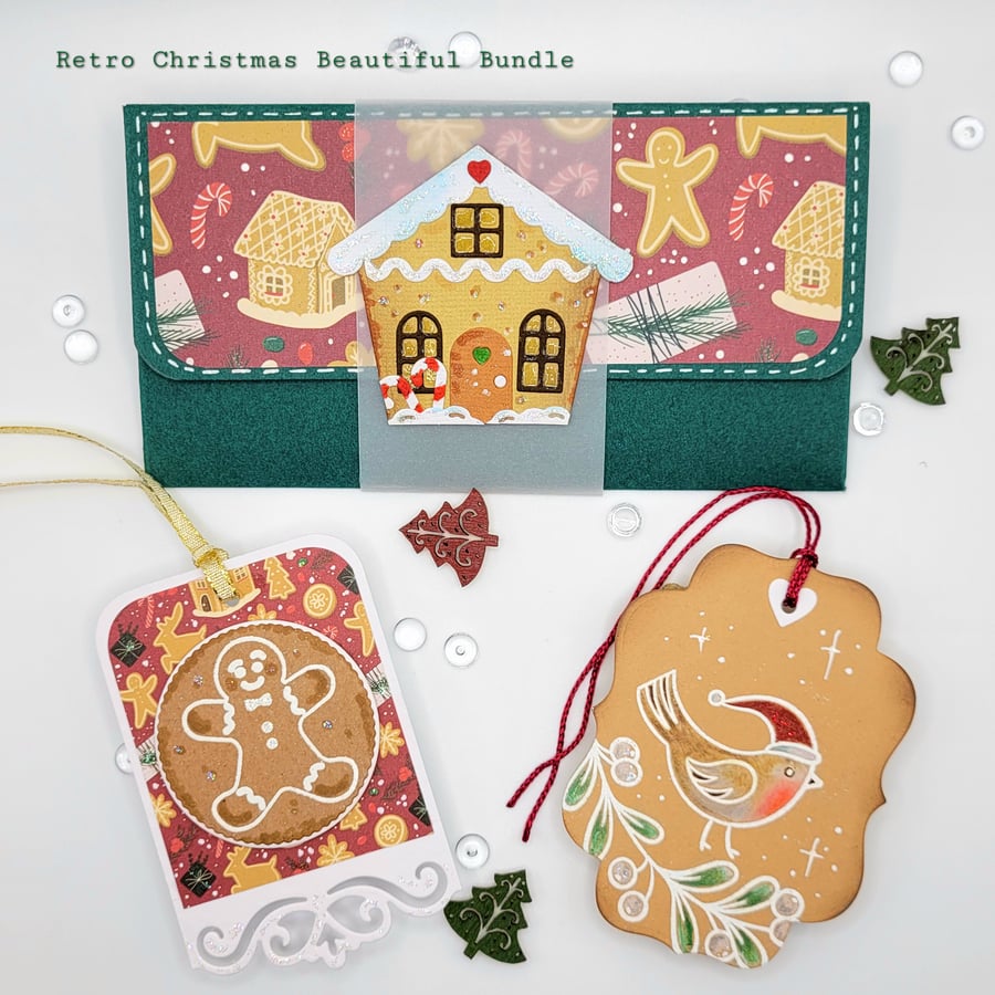  Christmas Gift Bundle - 1 Gift Wallet and 7 Gift Tags - handmade retro 