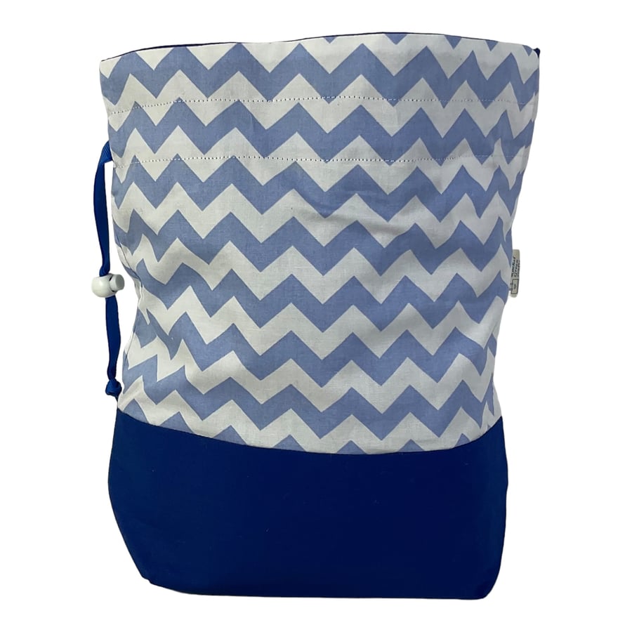 two at a time knitting bag with blue chevron print, drawstring divided pouch, 