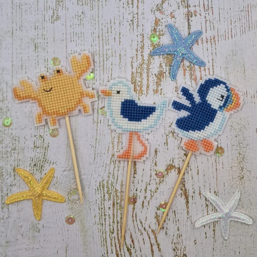 Cross Stitch Seaside Themed Cupcake Toppers 