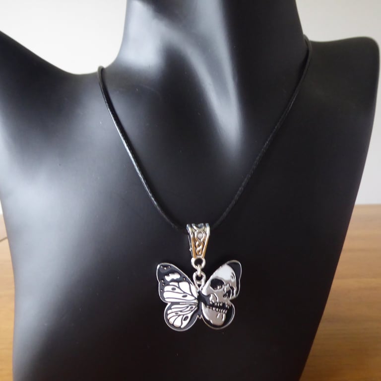 Enamelled Black Butterfly Skull Pendant with Adjustable Black Cord Necklace