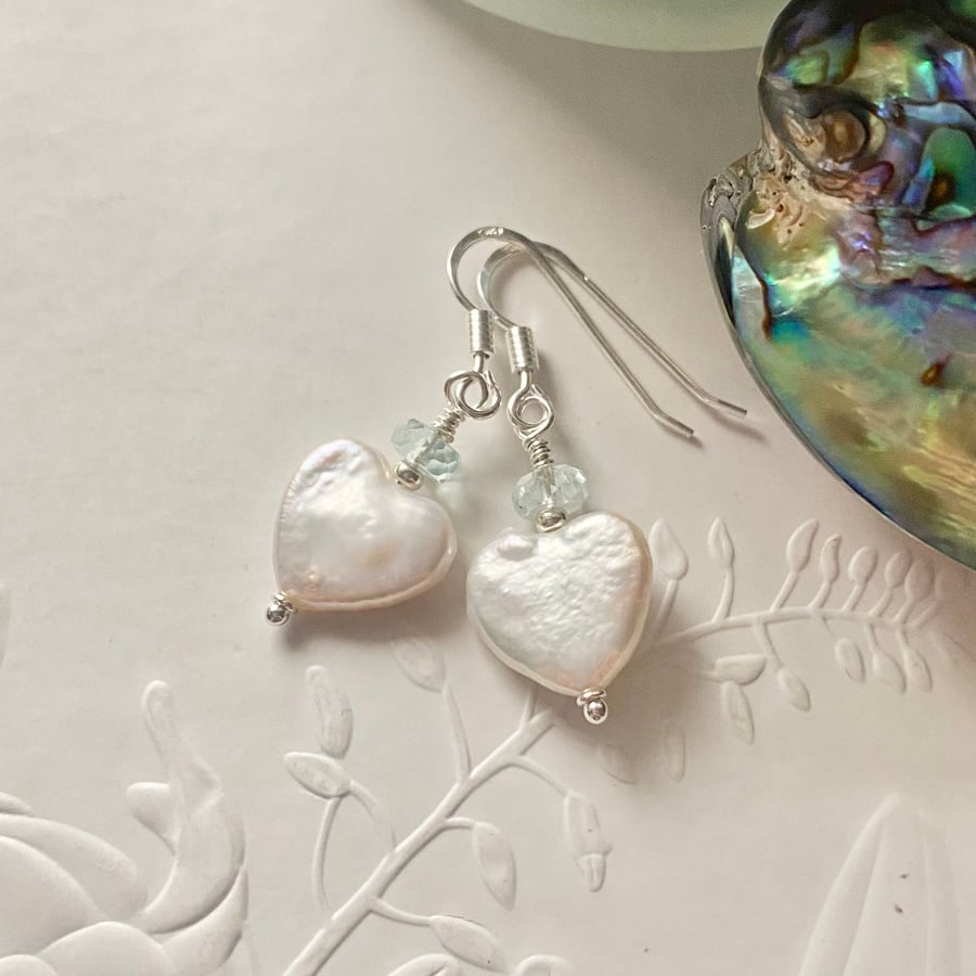 Aquamarine and Pearl heart earrings