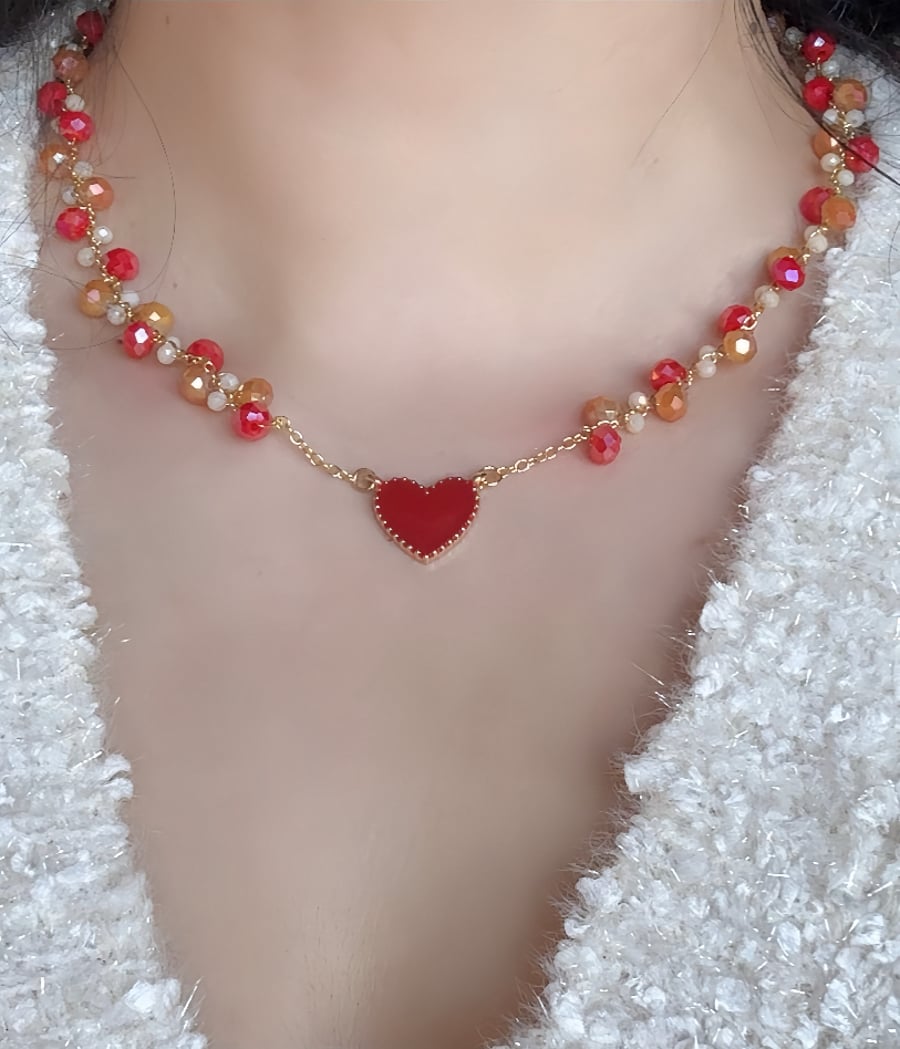 Red heart necklace handmade beaded crystal red braided necklace gold wire gift