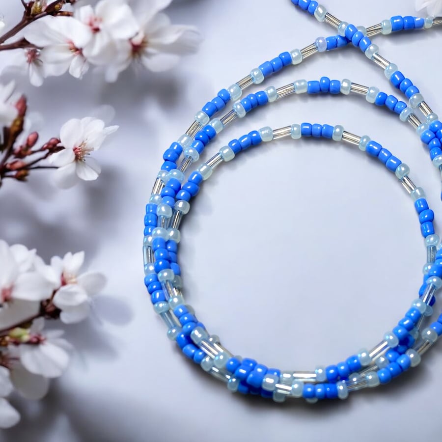 Blue Glasses Chain, Glass Seed Beads with White Silicon Connectors 27”