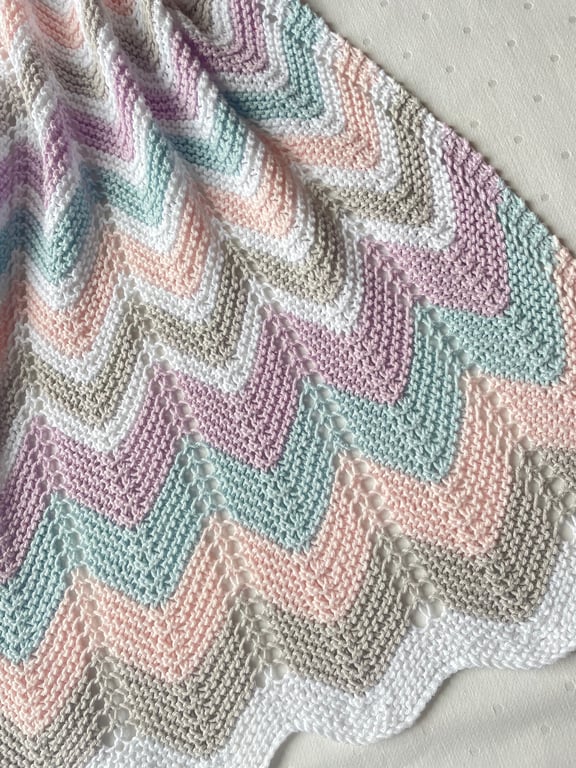 Pastels and white striped baby blanket, hand knitted in 100% cotton 
