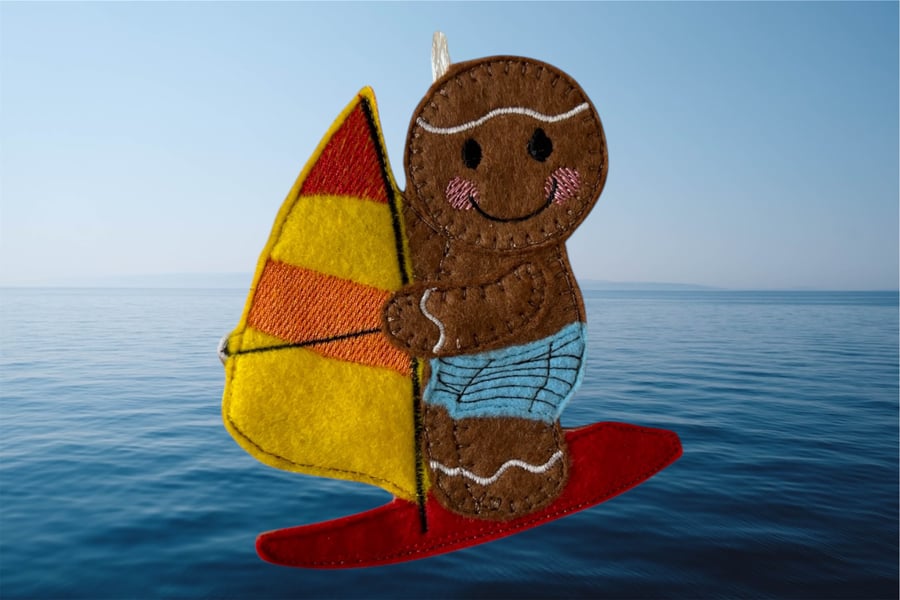 Gingerbread person windsurfing Embroidered Hanging Keepsake 
