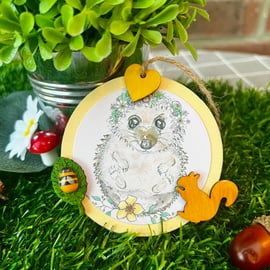 ‘Hedgehog with squirrel’ Wooden Hanging Decoration