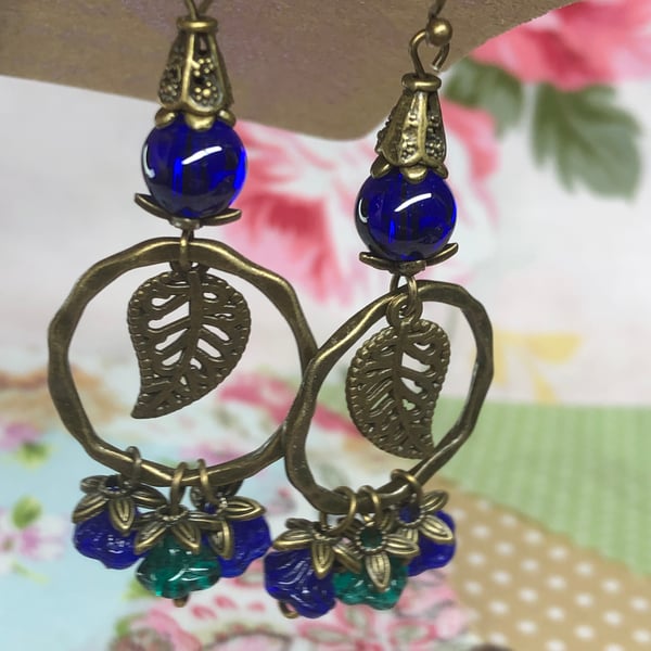 Cobalt blue Czech glass flower and leaf earrings