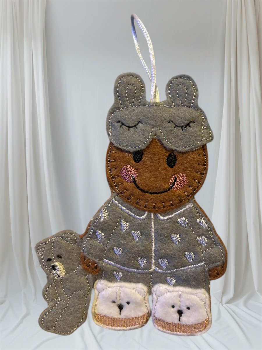PJ’s and teddy Gingerbread Embroidered Hanging Keepsake 