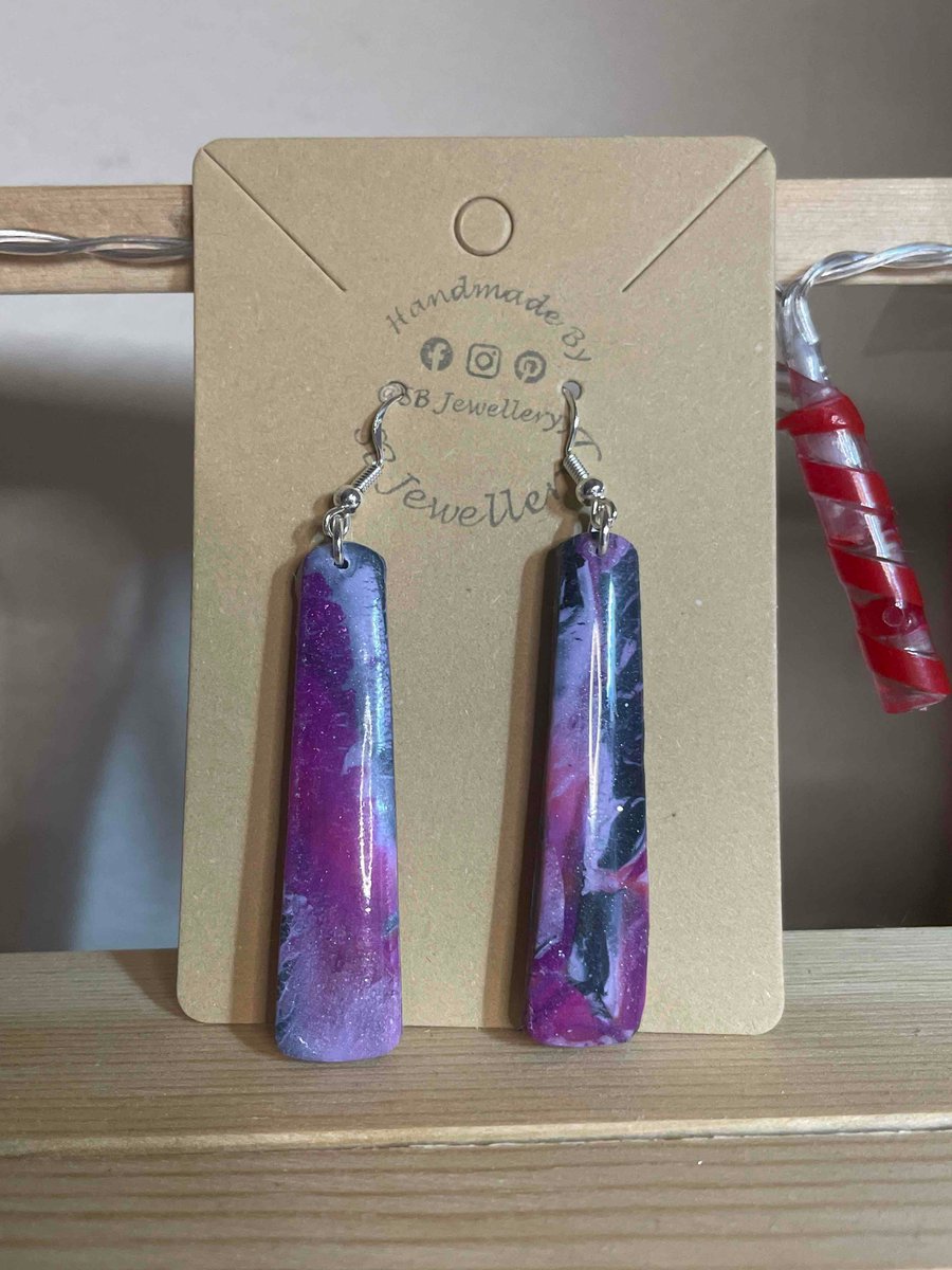Handmade Polymer Clay Purple Marble Dangle Earrings 