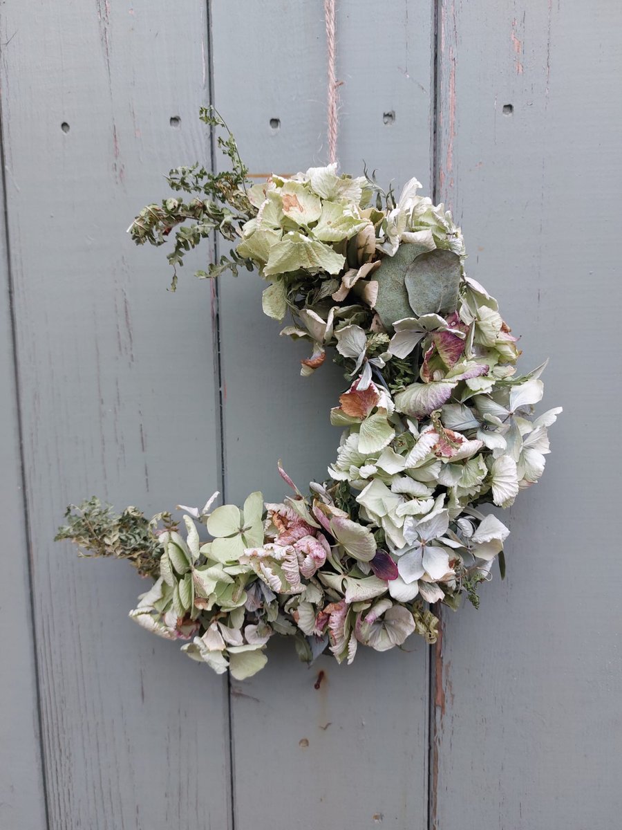 Dried Flower Crescent Moon Shape Wreath. Shades of Pale Green.