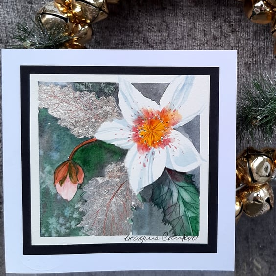 Blank Christmas Card. Christmas Rose Handpainted Card Silver Leaf Keepsake