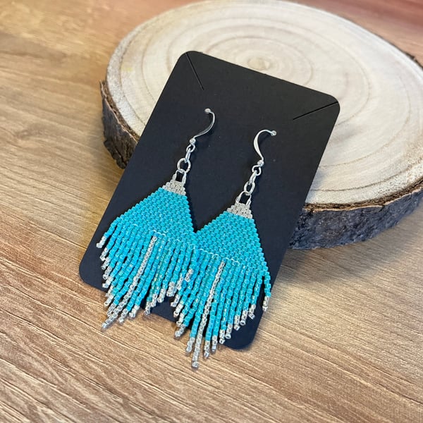 Turquoise and silver beadwork feather fringe earrings