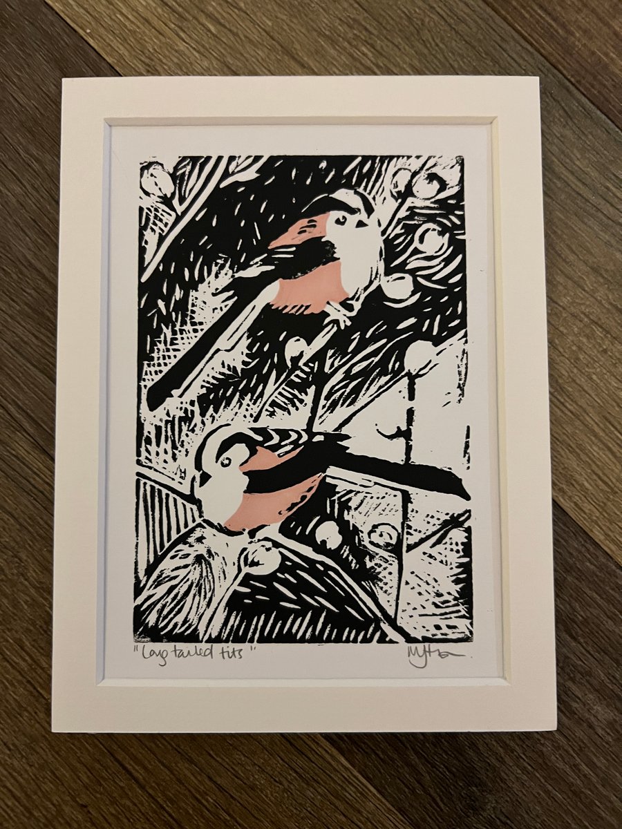 Long Tailed Tits Original Mounted Lino Print
