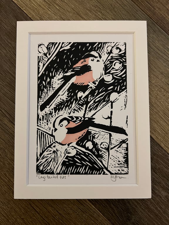 Long Tailed Tits Original Mounted Lino Print