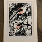 Long Tailed Tits Original Mounted Lino Print