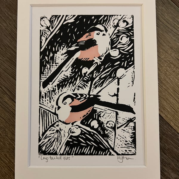 Long Tailed Tits Original Mounted Lino Print