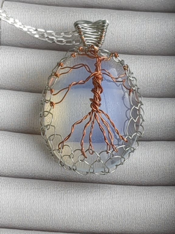 Opalite netted tree of life in copper and silver wire