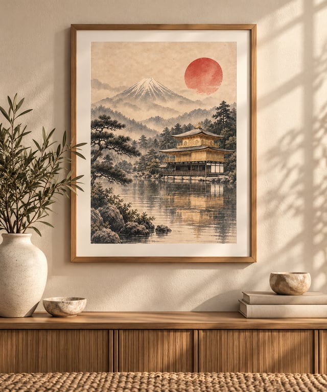 Golden Pavilion By The Lake Wall Art - Japandi Stillness Print (Physical Print)