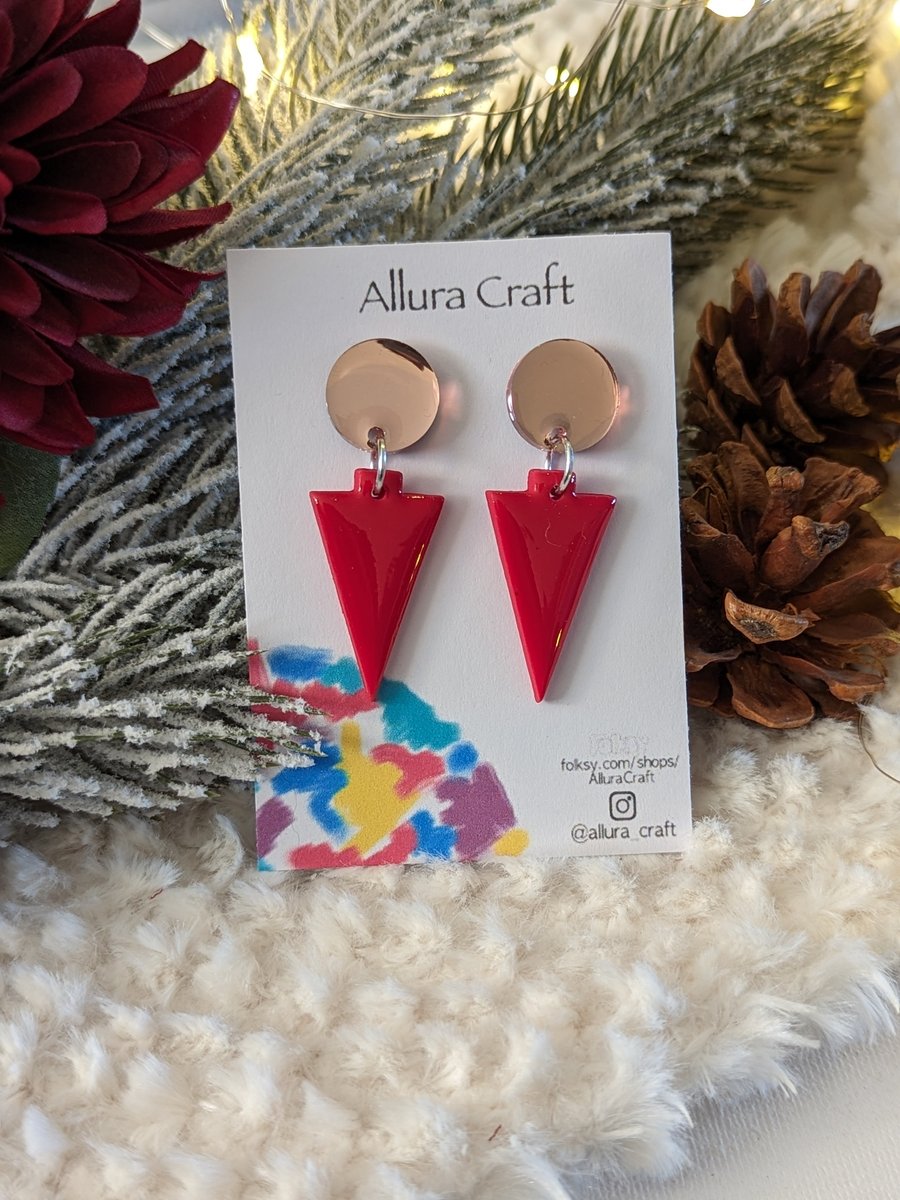 Stylish Red & Rose Gold Christmas Tree Earrings