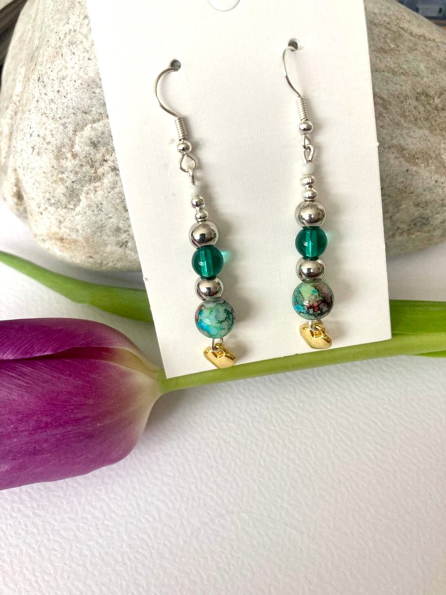 Earrings- Silver Plated - Ocean Beads and Gold heart - Boho style, Dangle