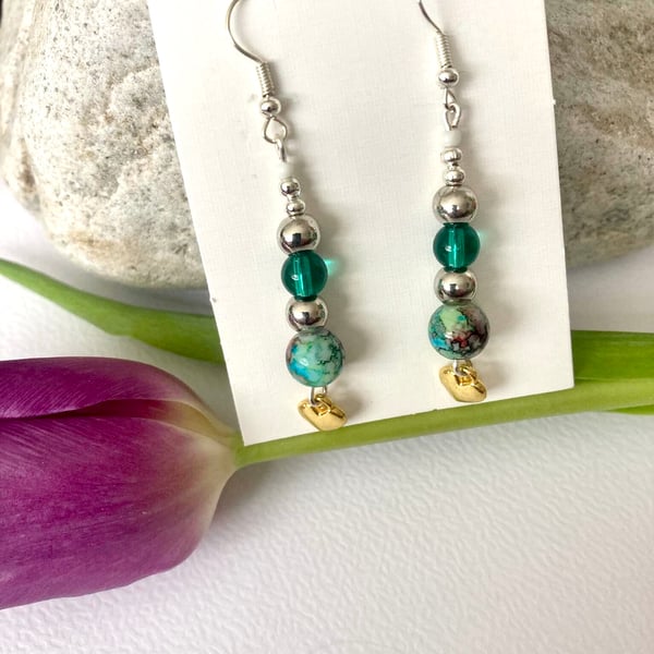 Earrings- Silver Plated - Ocean Beads and Gold heart - Boho style, Dangle