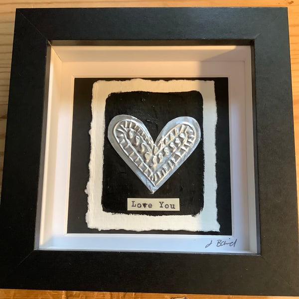 Love you. Original framed art. Embossed metal heart. Valentines. 