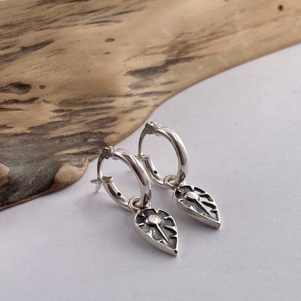 Huggie Hoop Earring With Hand Stamped Charm - Sterling Silver