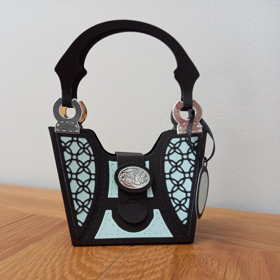 Blue Patterned "Tres Chic" Handbag style gift bag, handmade