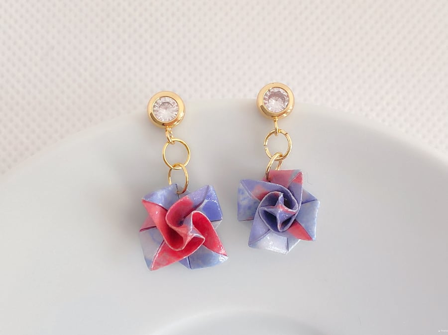 Beautiful Handmade Origami Rose Stud Earrings - Gemstone Stud in Blue, Purple