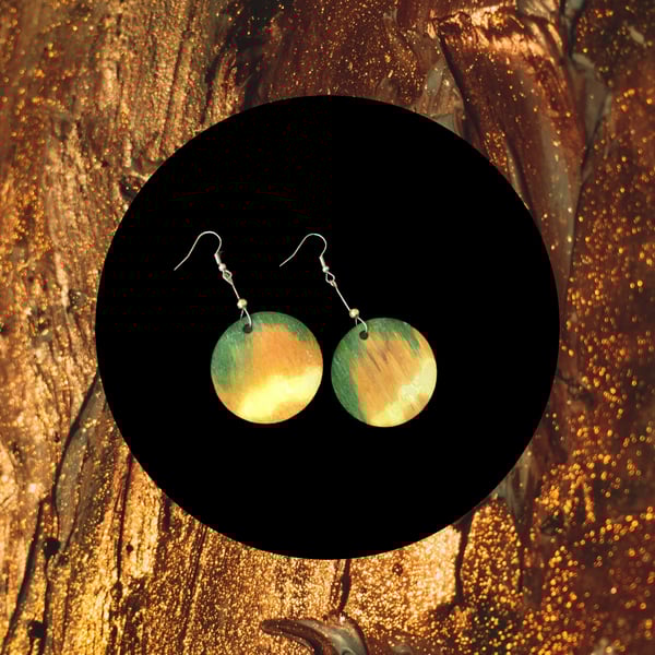 Earrings - Boho style, Dangle, Alcohol Ink on Wood - Gold Plated, Freepost