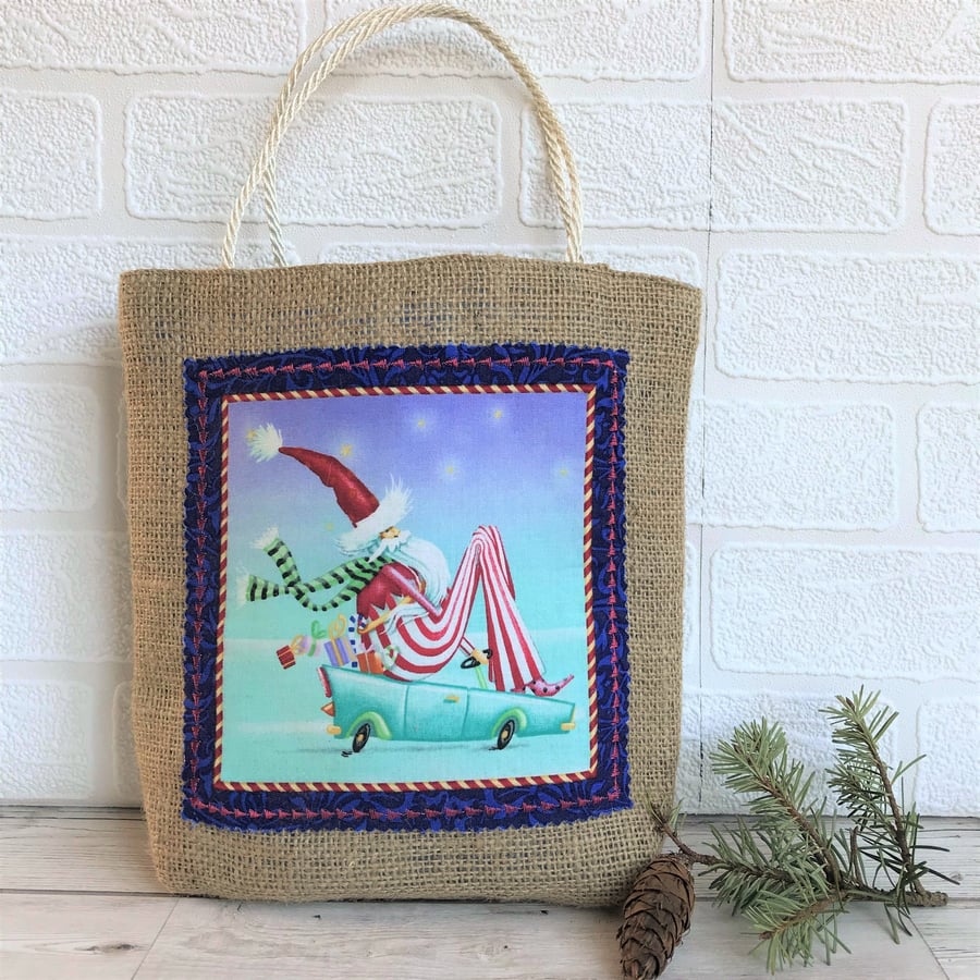 SALE, Christmas gift bag in hessian with fabric panel, Santa on a toy car