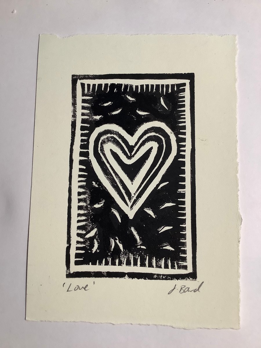 Small lino print. Love. Hearts. Valentine. Original art 