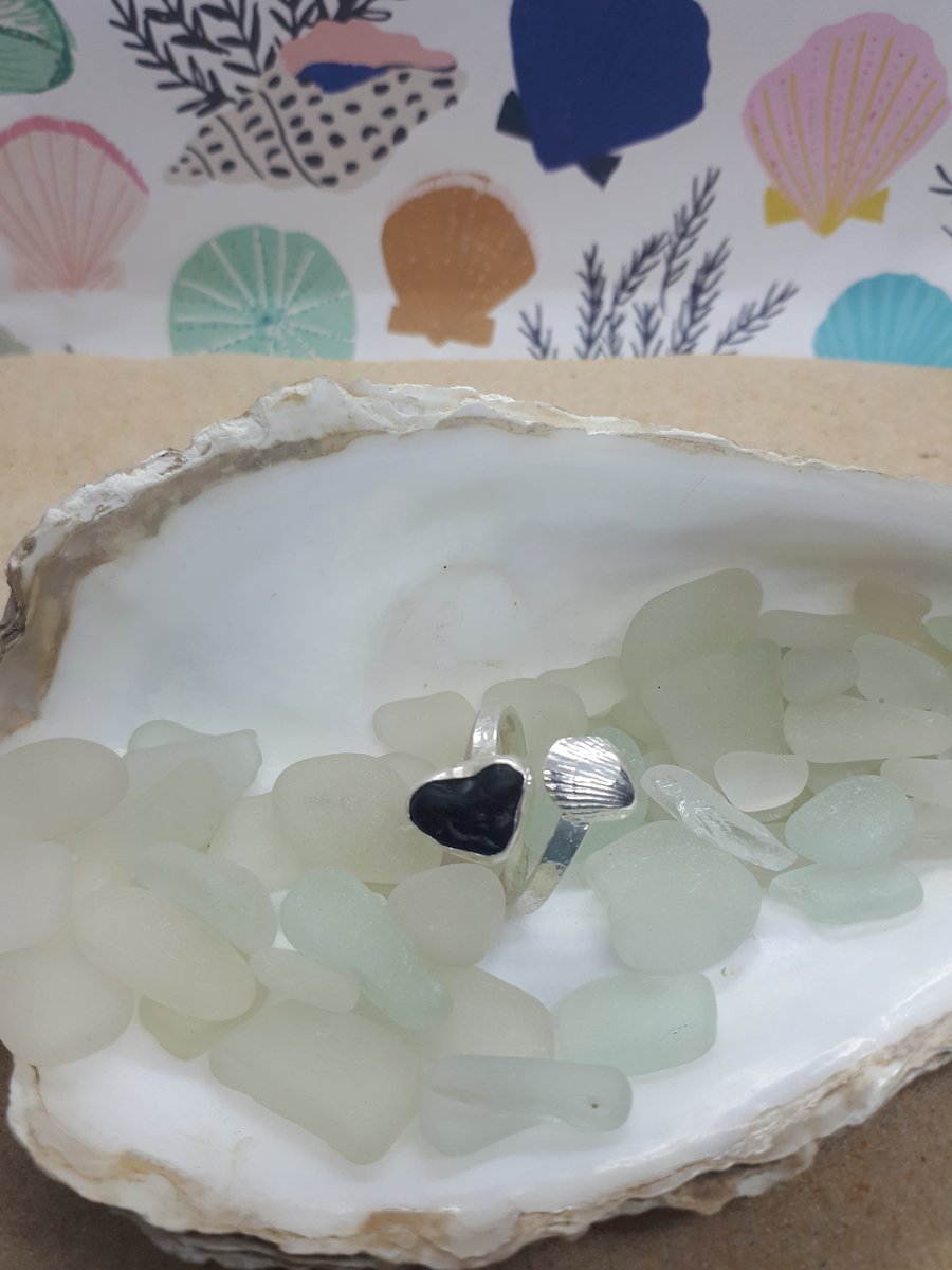 Pirate sea glass and cockle adjustable ring 