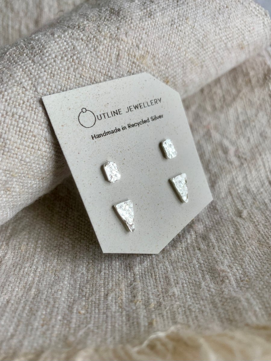 Triangle Hammered sterling Silver Stud Earrings Duo set