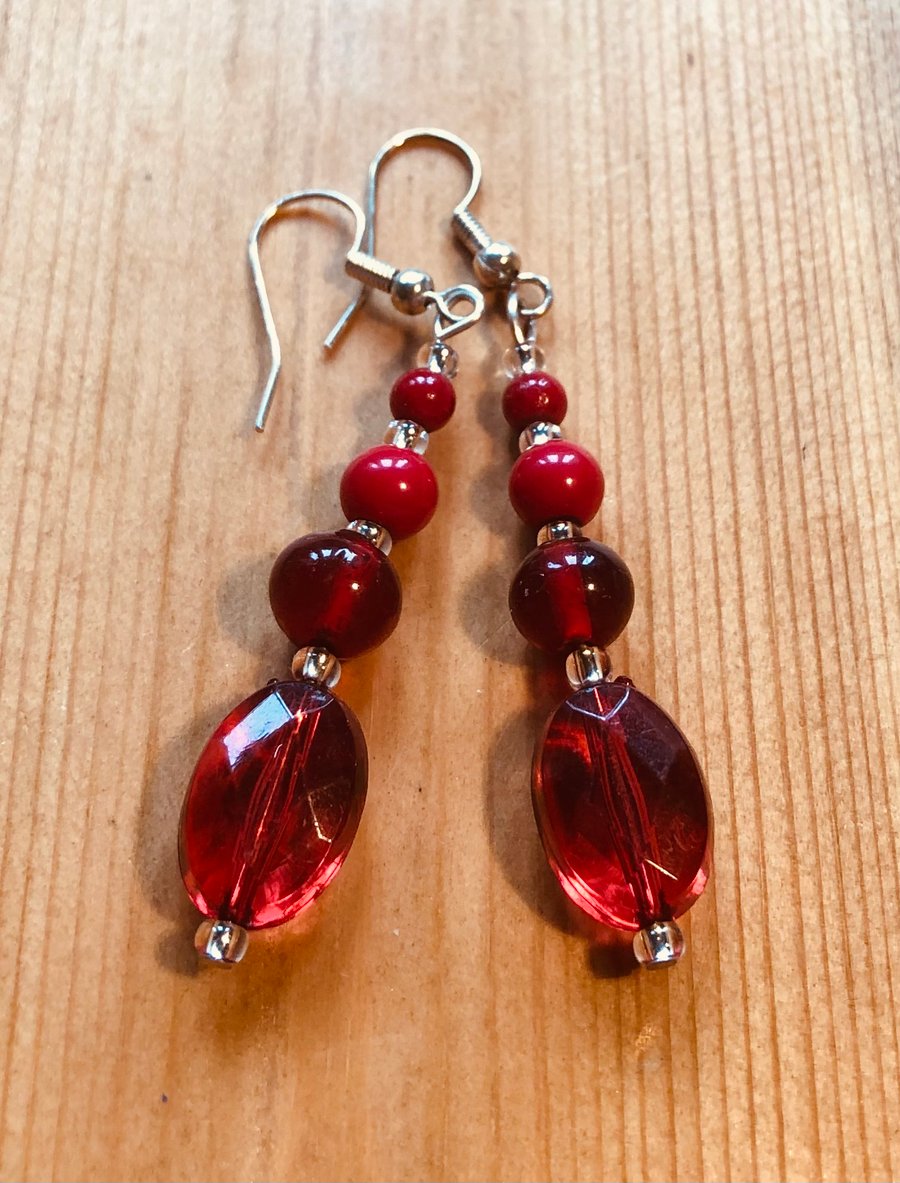 Long red recycled earrings 