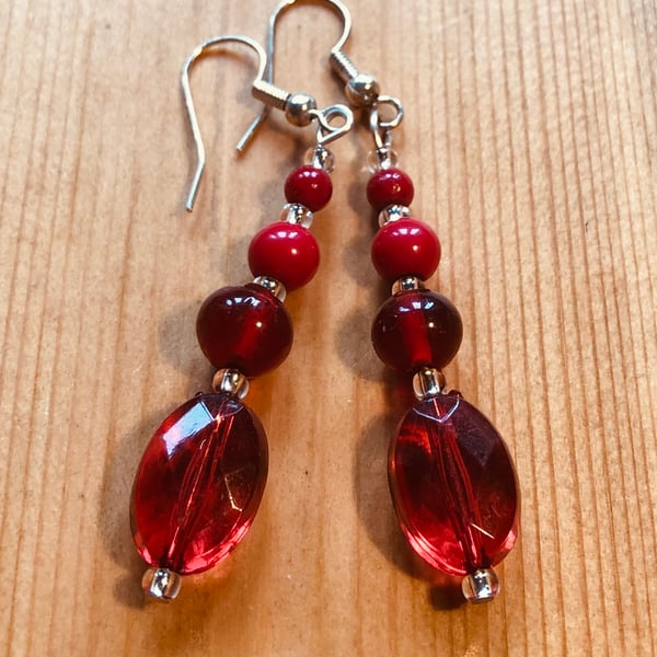Long red recycled earrings 