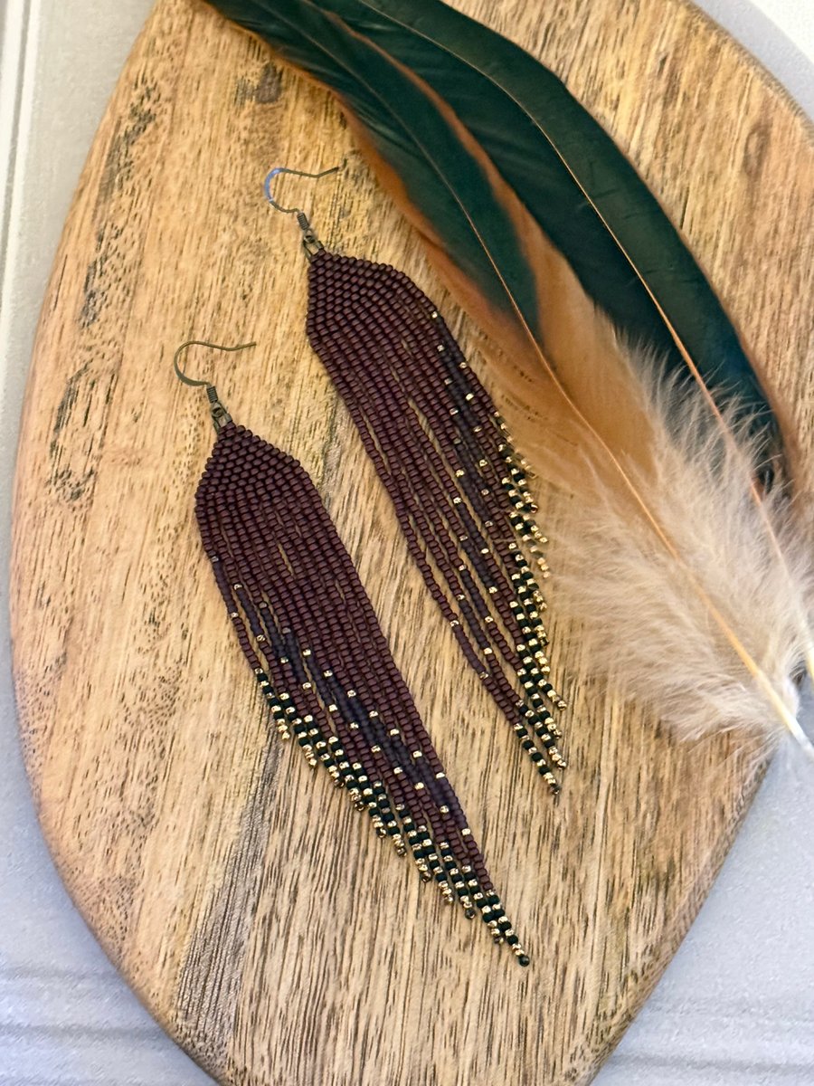 Maroon and gold beadwork fringe earrings