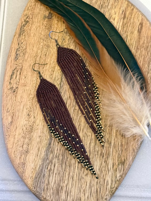 Maroon and gold beadwork fringe earrings
