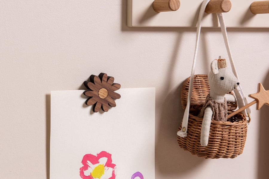 Flower Wall Magnet - Walnut and Oak. For Holding Children's Artwork, Posters.