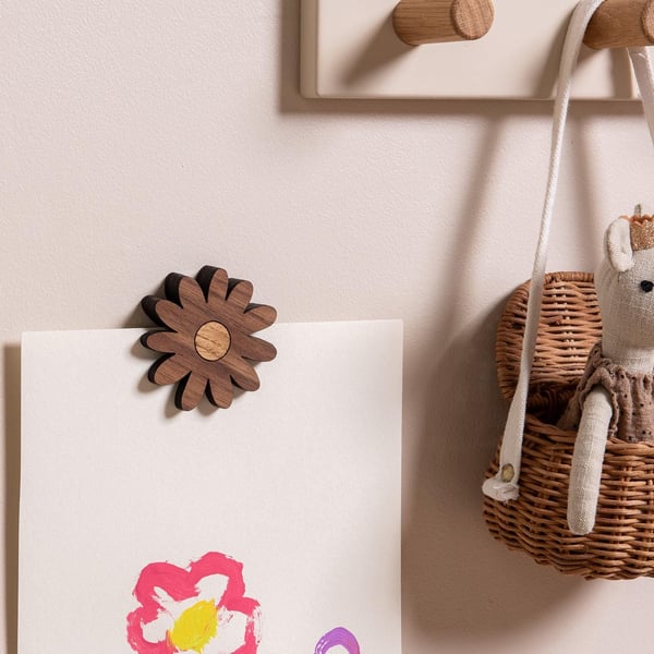 Flower Wall Magnet - Walnut and Oak. For Holding Children's Artwork, Posters.