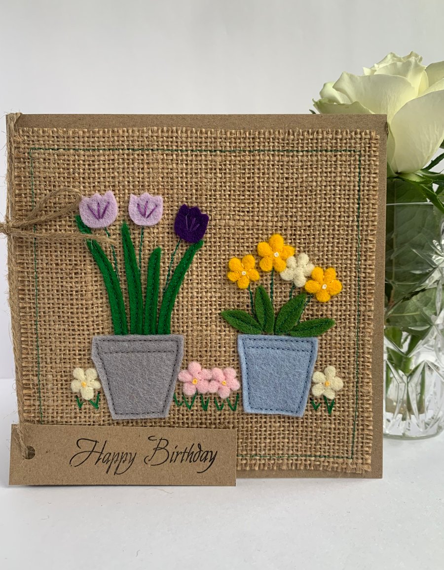 Handmade Birthday Card. Pots of flowers from wool felt. Keepsake.