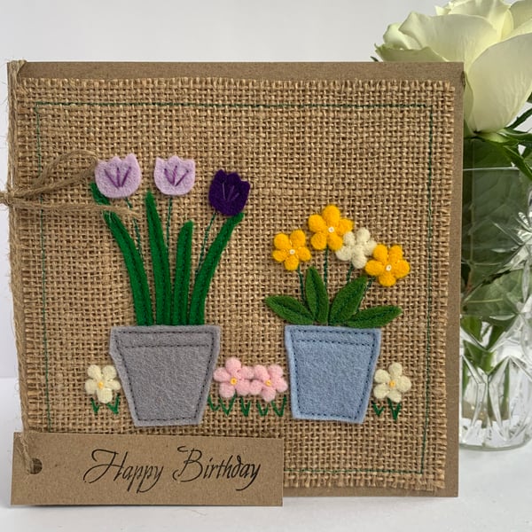 Handmade Birthday Card. Pots of flowers from wool felt. Keepsake.