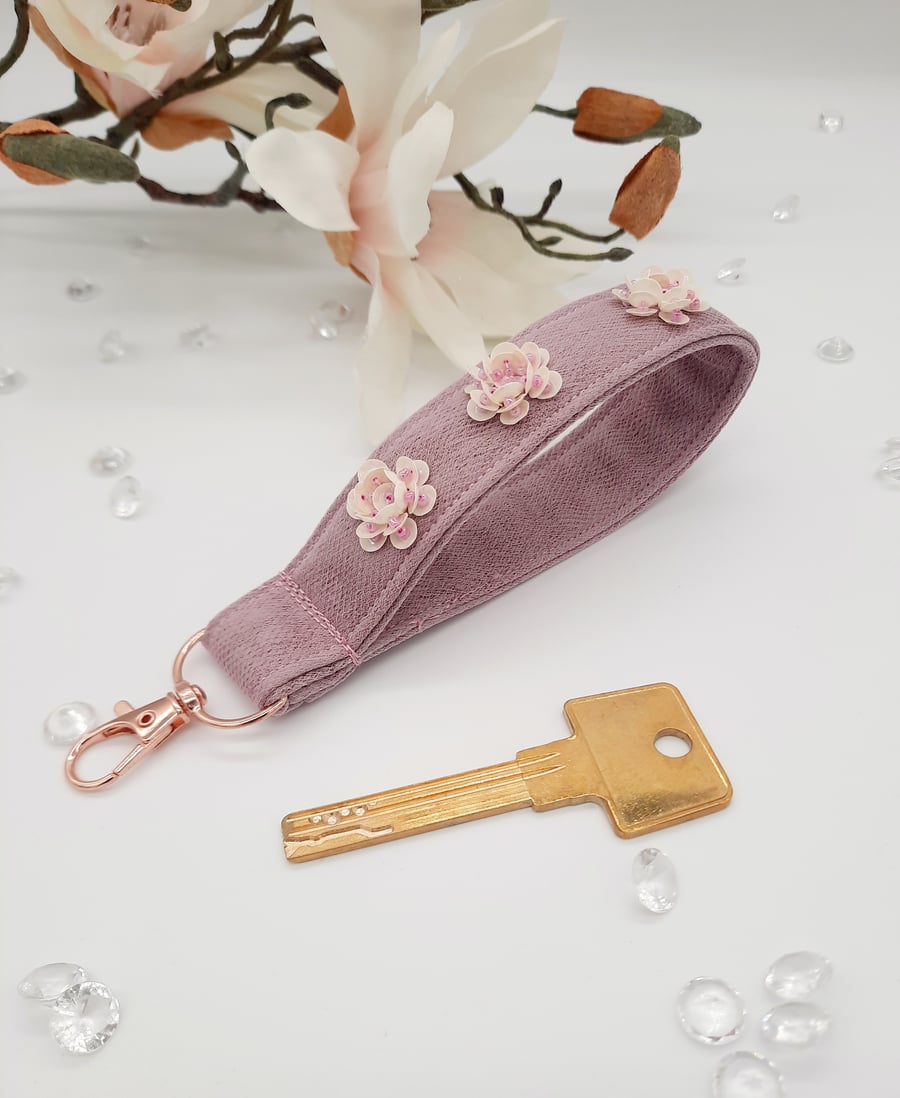 Keyfob, keyring wristlet, pink and cream sequin flowers. 