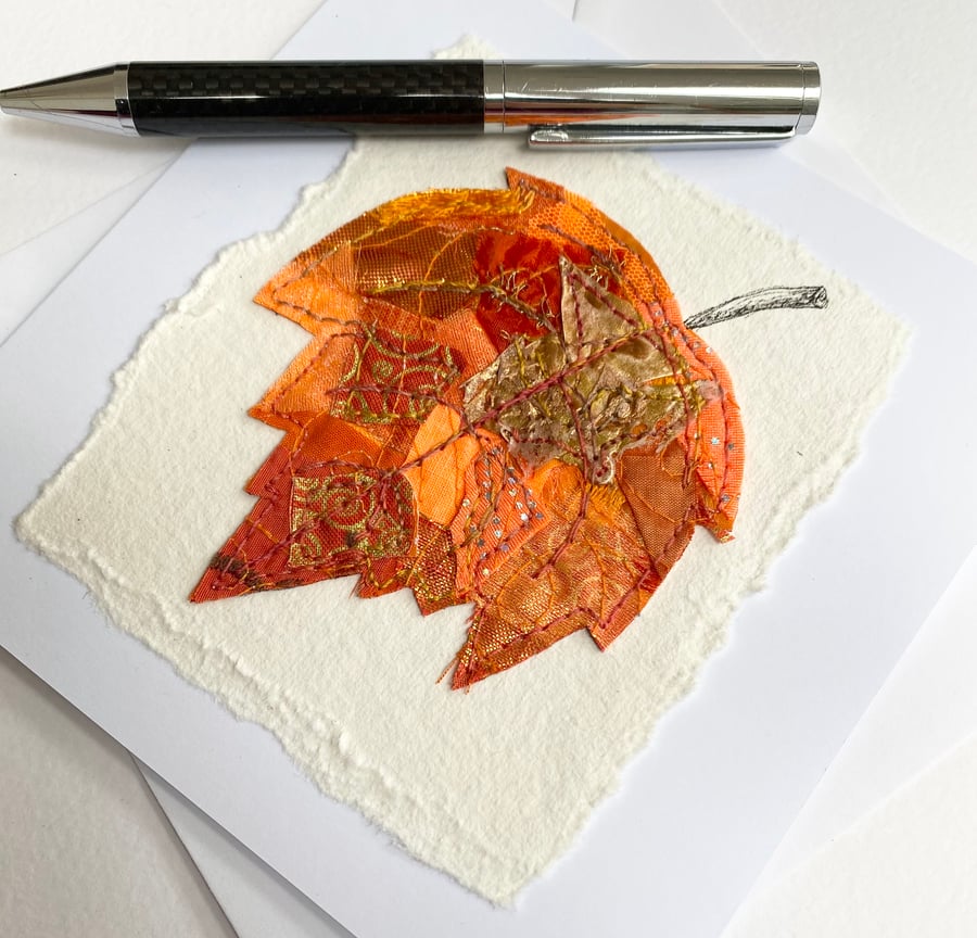 Up-cycled handmade fabric embroidered leaf art card. 