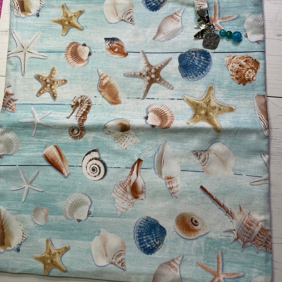 Blue Cotton with Sea Shell Print Tote Bag and Bag Charm
