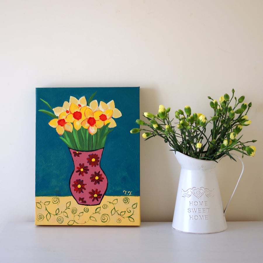 Daffodils Painting, Still Life Artwork, Teal and Yellow Painting, Floral Art