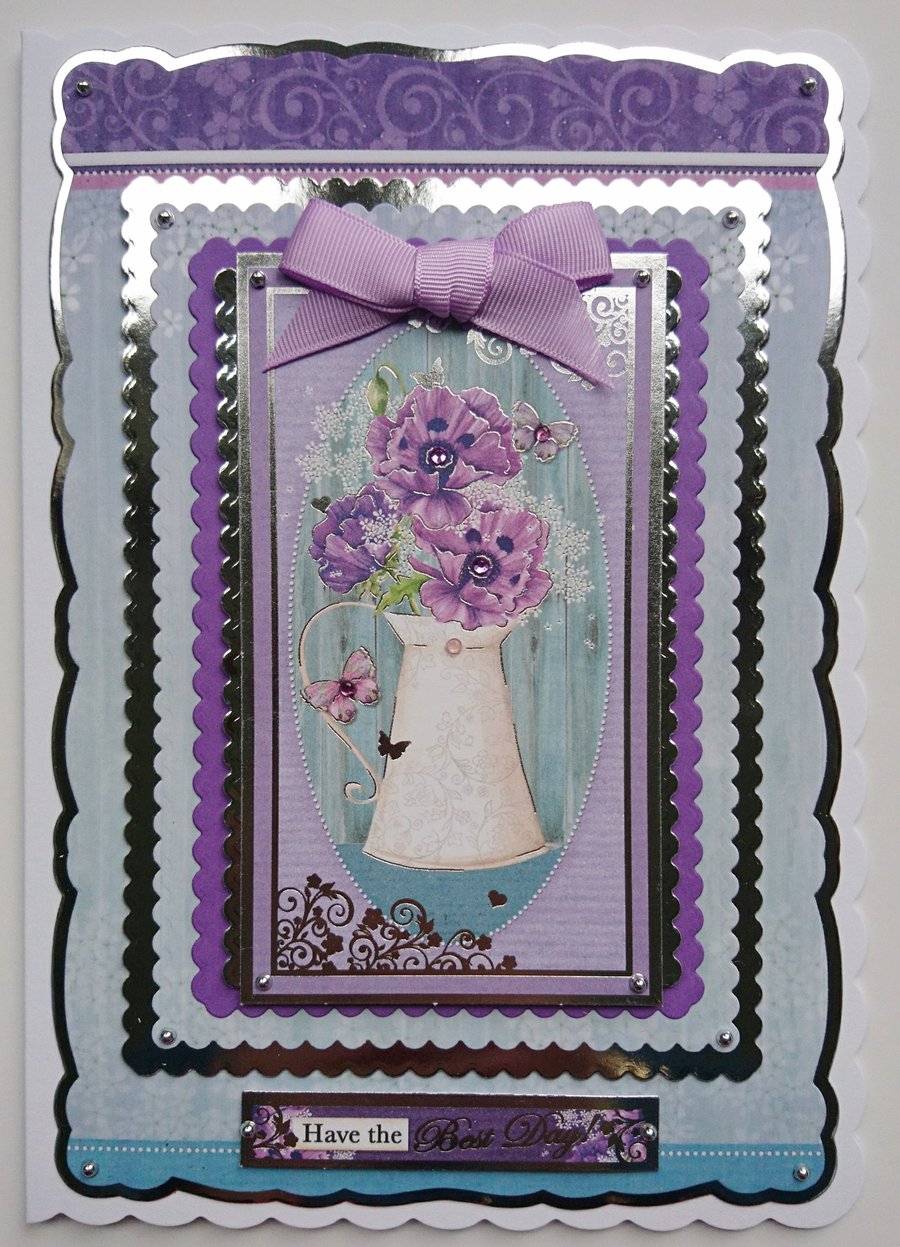 Birthday Card Have the Best Day Vintage Flowers in Painted Metal Jug